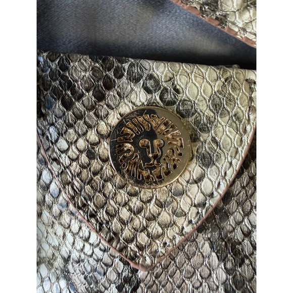 Anne Klein Snakeskin Print Tote Bag Gold Tone Hardware Lion Logo Neutral Brown - Picture 2 of 5